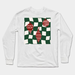 Abstract Checker Board with Christmas Tree Ornaments Cranberry Red and Forest Green Long Sleeve T-Shirt